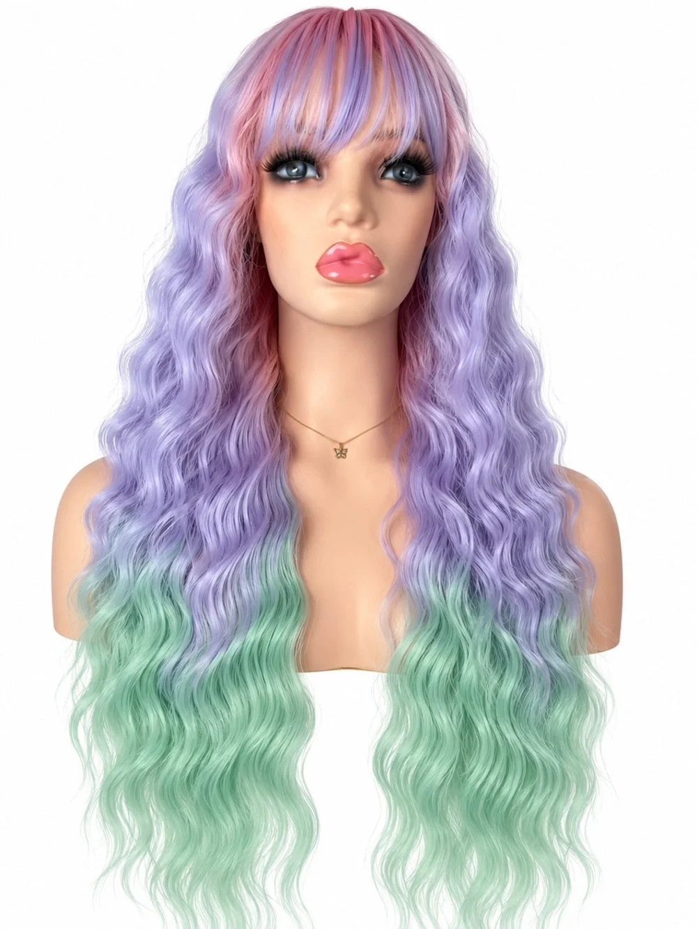 Pastel Pink, Lavender & Mint Long Wavy Wig with Bangs 24 inches long